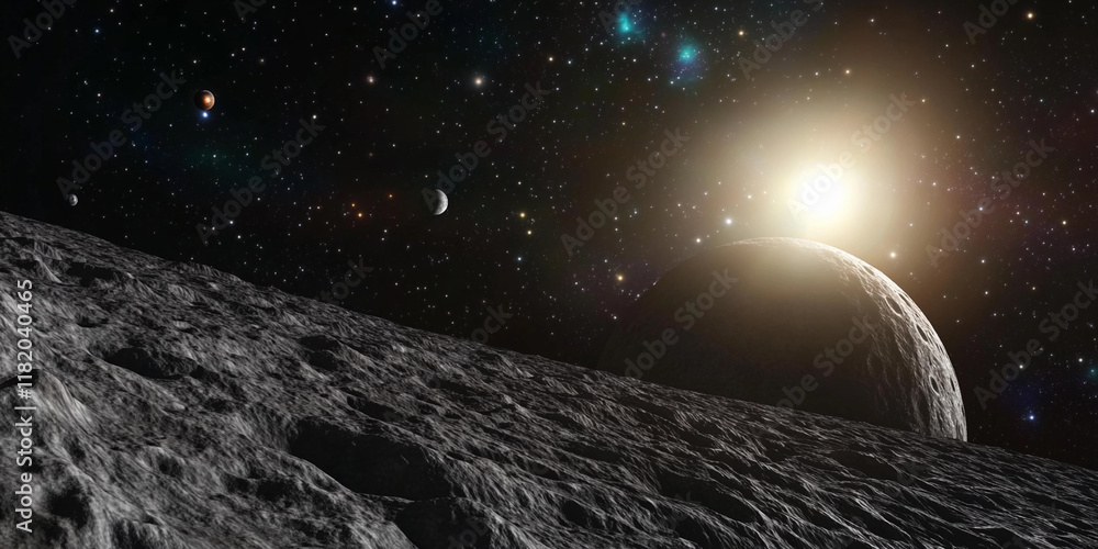 Aufkleber Celestial view from a lunar surface with distant planets