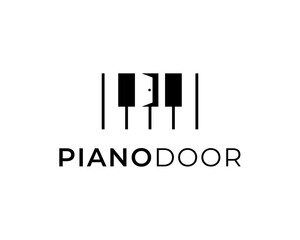 Piano Keyboard Orchestra Music Instrument with Open Door Doorway Vector Logo Design Illustration