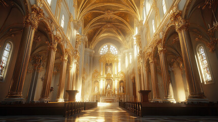 Golden Interior of Grand Cathedral with Light Streaming In