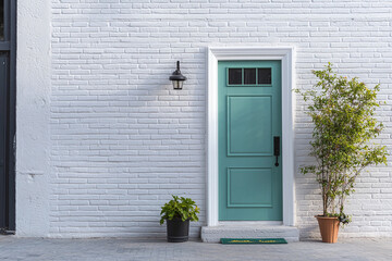 charming turquoise door stands against textured white wall, complemented by potted plants. inviting entrance exudes fresh and modern aesthetic