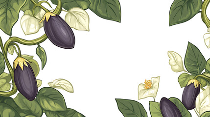 A decorative illustration featuring eggplants and leaves on a white background.