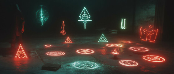 Glowing magic runes create a powerful atmosphere in a dark mystical setting