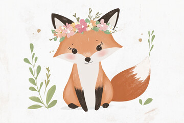 Cute fox with a floral crown and leaves in background