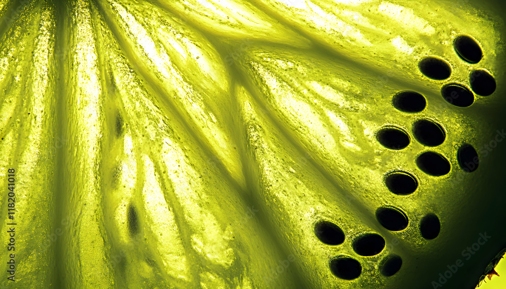 Poster abstract close-up of a vibrant green kiwi fruit, showcasing its unique texture and intricate seed pa
