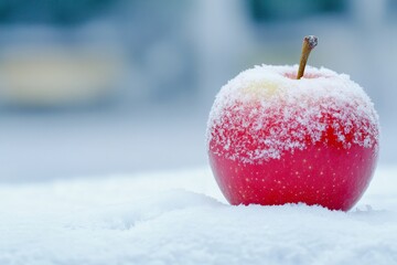 Frosty Red Apple in Winter - A single red apple, dusted with frost, rests on a snowy surface.  Concepts: winter, freshness, nature, purity, cold.
