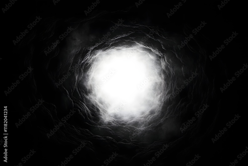 Poster mysterious swirling portal of light surreal ethereal glowing tunnel in monochrome abstract backgroun