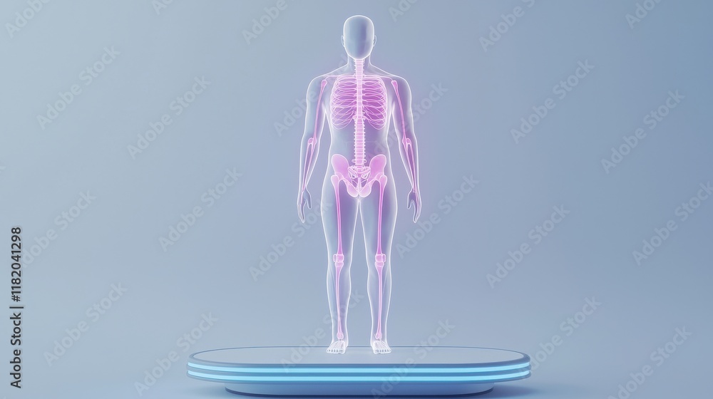 Poster a digital representation of a human body highlighting its internal structures in a futuristic style 