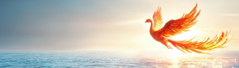 Obraz premium A vibrant phoenix rises from shimmering waters, symbolizing rebirth and transformation against a luminous sky.