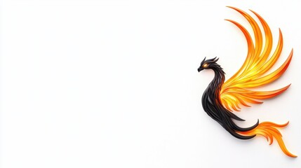 Obraz premium A vibrant phoenix with fiery orange and black feathers, symbolizing rebirth and transformation, set against a minimalistic white background.