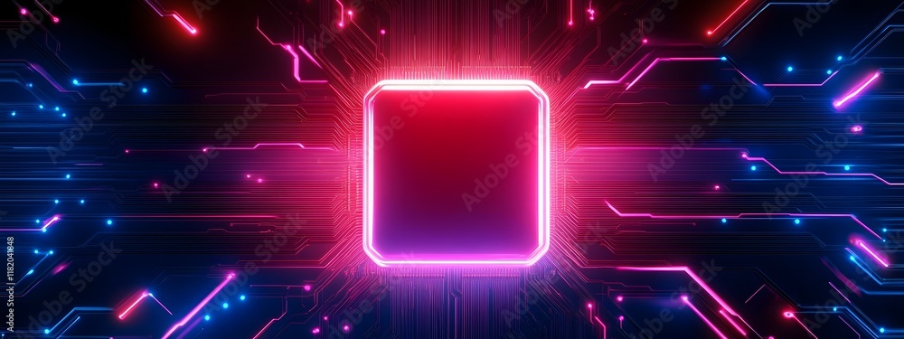 Poster glowing quantum computer chip on motherboard with neon symmetrical circuit board backdrop