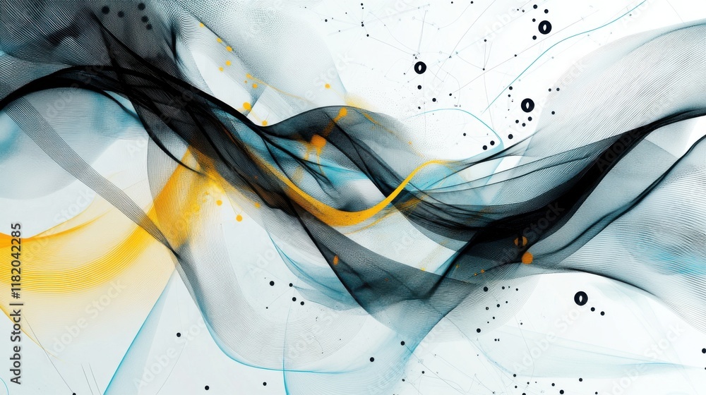 Poster abstract design of technological networks with yellow and blue curves and black patterns minimalist 