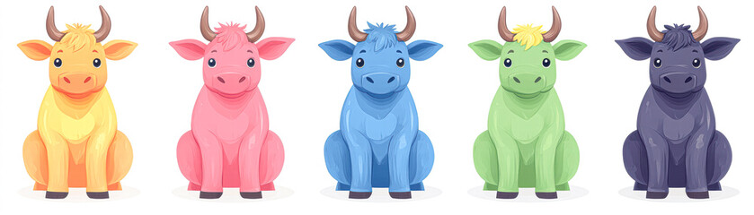 Fototapeta premium Colorful cartoon cows sitting together farm illustration playful front view