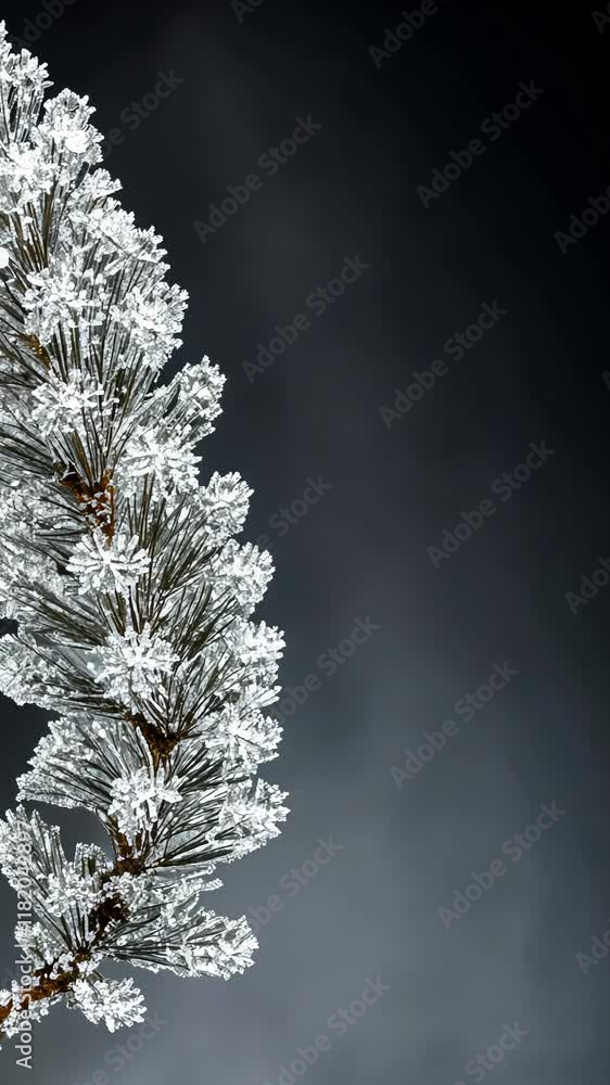 Poster frozen pine branch rotating on dark background