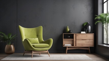 interior of living room, Citron Green lounge chair with wood cabinet on Charcoal wall