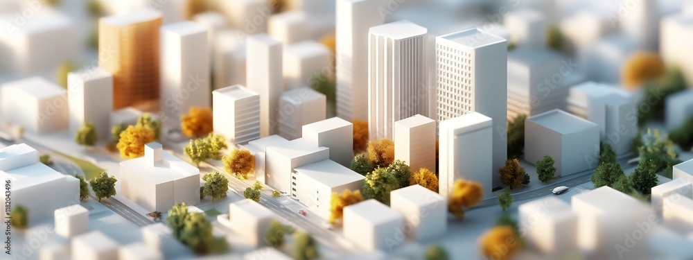 Poster minimalist architectural landscape of a conceptual 3d rendered city with clean geometric patterns an