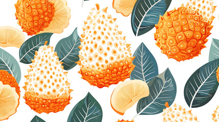 A colorful pattern featuring tropical fruits and leaves on a white background.