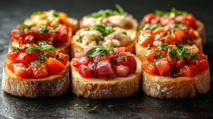 A platter of assorted bruschetta, featuring vibrant tomato and basil toppings, a perfect appetizer for any gathering.