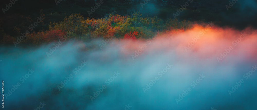 Poster ethereal autumn forest with colorful mist rising from the ground at dawn