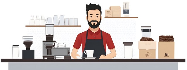 Flat vector illustration of a barista making coffee, in a simple and minimalistic style with a white background