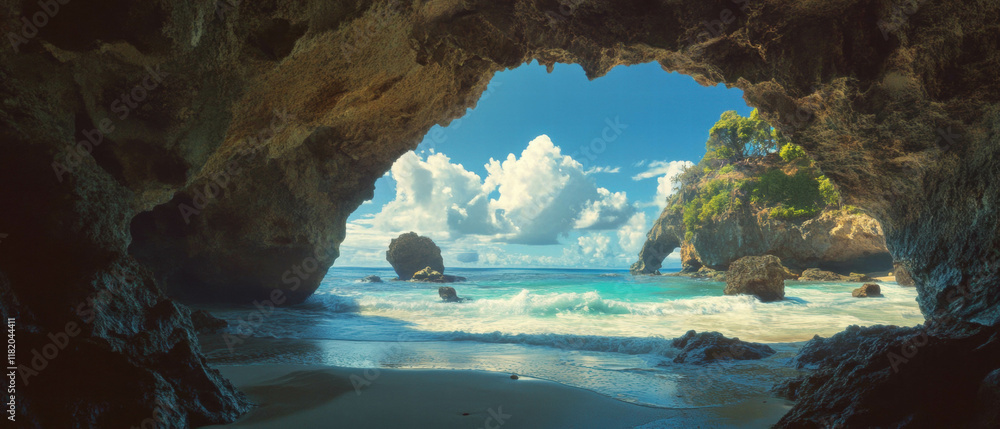 Poster hidden beach caves with ocean waves creating a mysterious and secluded atmosphere