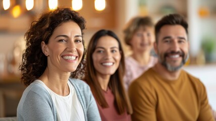 Obraz premium A group of smiling people sitting together, showcasing joy and connection in a warm, inviting environment.