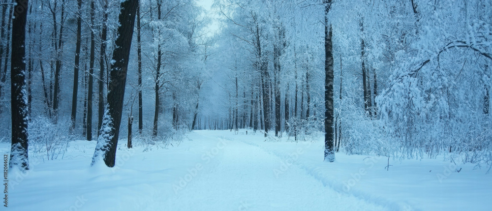 Poster birch forest in winter with snow covered trees creating a serene, peaceful atmosphere