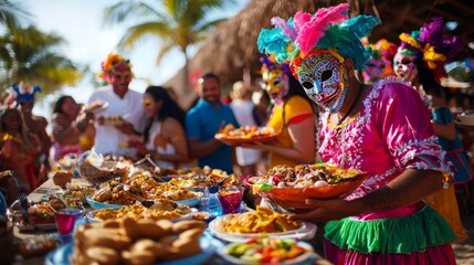 Festive group enjoying an outdoor feast in colorful costumes and masks during Giovedì Grasso celebrations