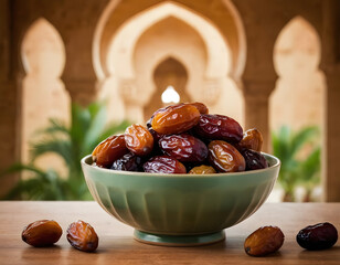 dates fruit in a green bowl with Ramadan background