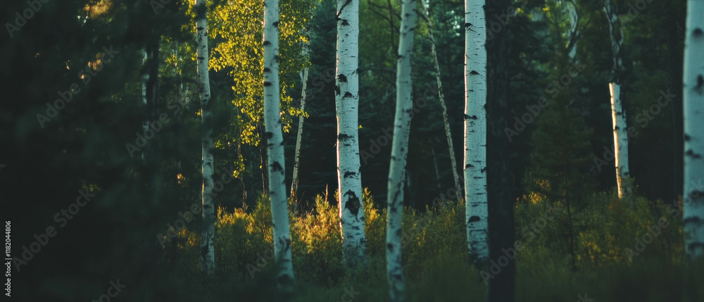 Poster serene birch forest with slender white bark trees illuminated by golden sunlight