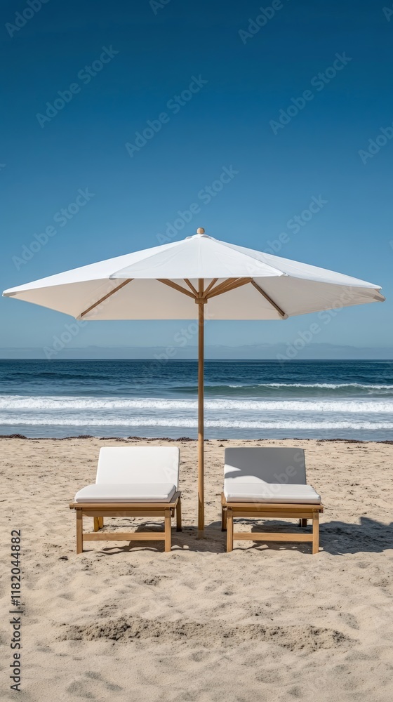 Poster two empty lounge chairs resting under a beach umbrella on a sandy shore, inviting relaxation while o