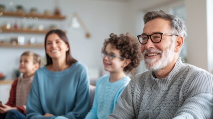 Fototapeta premium A joyful family gathering with a smiling grandfather and his loved ones, enjoying a moment together in a cozy, well-decorated living space.
