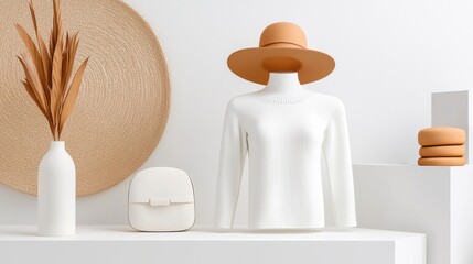 Stylish White Sweater and Accessories on Modern Display Table