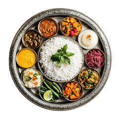 A traditional Indian Thali platter featuring a variety of curries rice vegetables and chutn