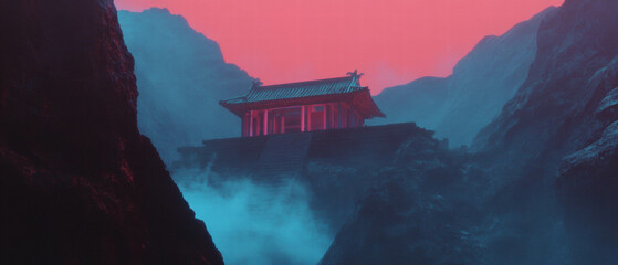 Fototapeta premium Buddhist temple perched in the mountains with serene red hues reflecting spirituality
