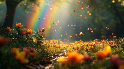 A vibrant rainbow shining over a park with scattered autumn leaves, representing the magical beauty of nature and positivity.