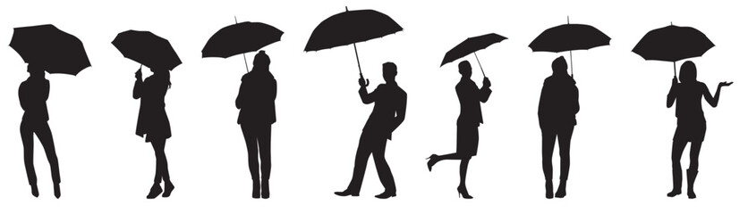 silhouette of people under umbrella. Vector silhouette of people, businessman, man, woman and couple under umbrella 