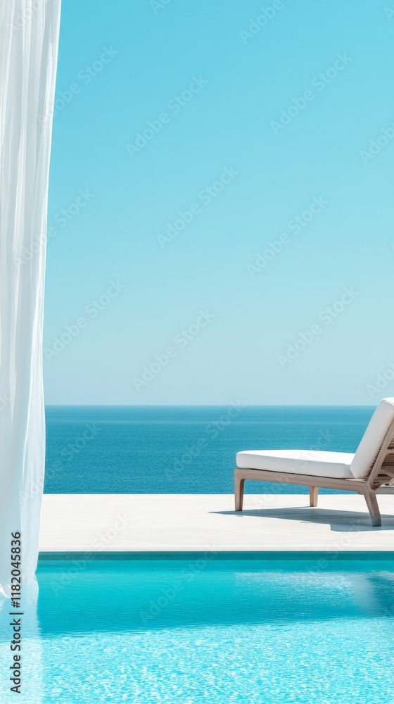 Aufkleber Luxurious summer holiday vibes emanate from an infinity pool overlooking a serene ocean, complete with an empty sunbed and a flowing white curtain, creating a perfect relaxation spot