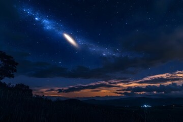 Fototapeta premium Night sky view of the Milky Way over a mountain landscape in the early evening