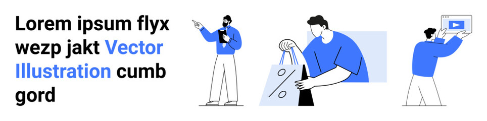 Three figures engaged in various business activities, including an office presentation, holding shopping bags with the percentage sign, and displaying video content. Ideal for marketing, advertising