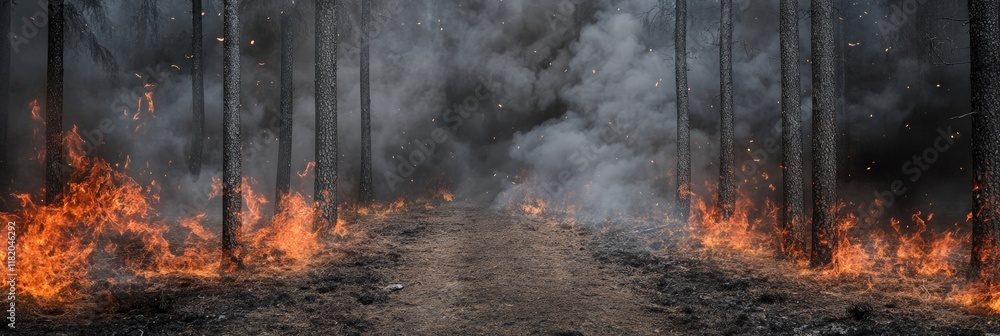 Poster intense flames and thick smoke fill a forest during a devastating wildfire, creating a dramatic and 