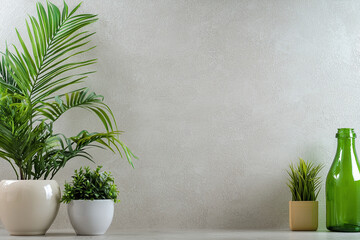 soft sand colored wall featuring tropical plants in decorative pots creates serene atmosphere. green foliage adds refreshing touch to minimalist decor