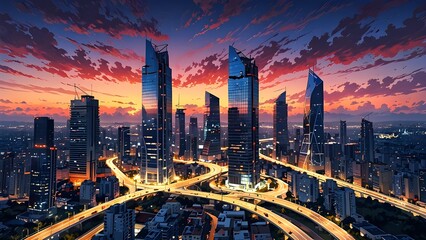 Fototapeta premium Modern and luxury skyscrapers in megapolis city at sunset time