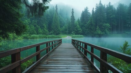 A wooden walkway winds through a lush, green forest beside a tranquil, turquoise lake.