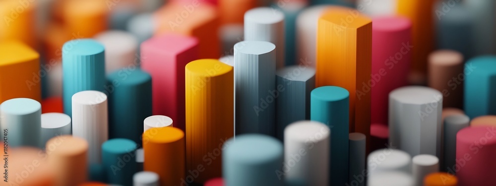 Poster a visually striking abstract composition featuring an array of colorful cylindrical forms in various