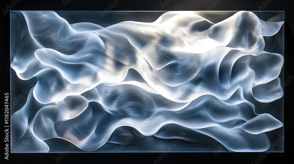 Poster Abstract 3D decorative panel with white flowing waves and dramatic interplay of light and shadow for depth