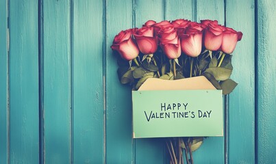 Happy Valentine's Day calligraphy with rose bouquet on rustic wood background