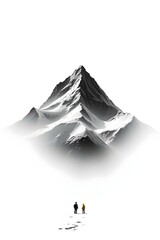 Two figures stand in awe before a majestic snow-capped mountain shrouded in mist against a stark, minimalist sky.