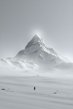 Two figures stand in awe before a majestic snow-capped mountain shrouded in mist against a stark, minimalist sky.