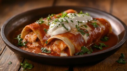 Enchiladas, rolled tortillas filled with chicken and topped with cheese and sauce