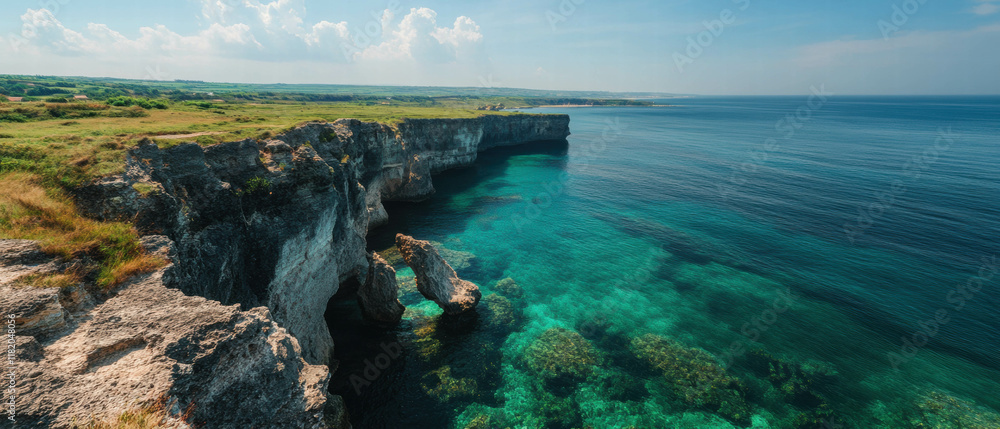 Poster cliff overlooks vast blue ocean under a clear sky with rocks and lush greenery in view